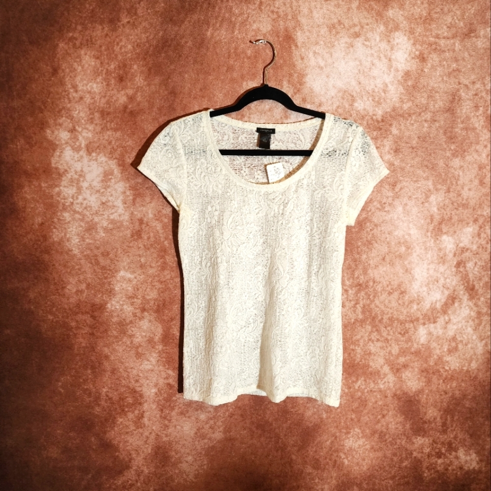 ANN TAYLOR Women's Size Medium White Macrame Lace Textured Short Sleeve Blouse